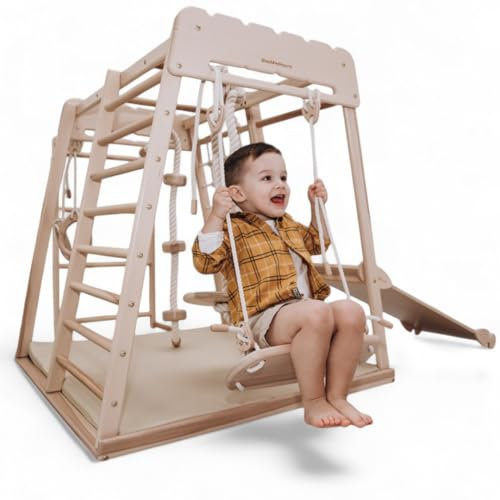 WoodandHearts Indoor Spielturm mit Rutsche & Schaukel – Kinderrutsche, Turnringe & Kletterseil – Baby Schaukel Indoor – Kletterwand Kinderzimmer & Spielhaus für Zuhause (Skandinav Komplex)