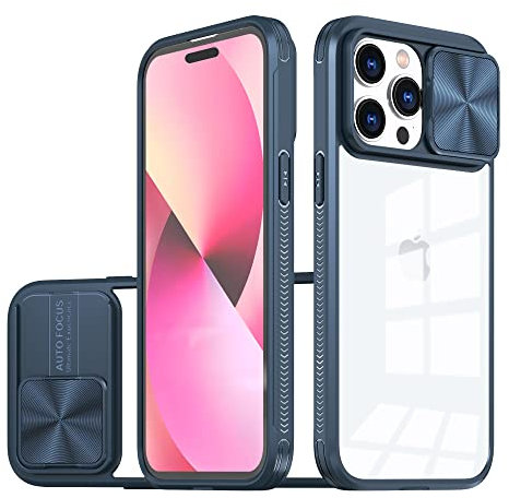 Dqtaoply Coque iphone 15 Pro, avec Lentille Coulissante Caméra Protection Étui Antichoc Silicone TPU + PC Housse Anti-Rayures Dos Transparente Case pour iphone 15 Pro(Bleu)