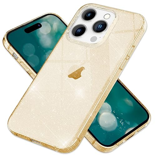 NALIA Glitzerhülle für iPhone 15 Pro Max - Hülle, Gold | Reflektierende Partikel im Material verschmolzen, Geschmeidige Oberfläche, Erhöhte Kanten an Kamera und Display