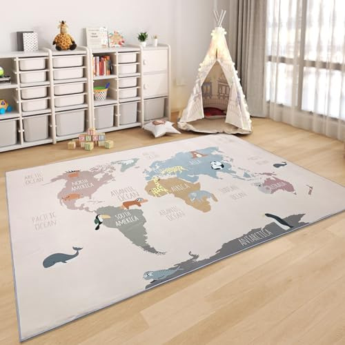 USTIDE Kinderteppich mit Weltkarte, niedlicher Tierteppich, pädagogischer Bodenteppich für Jungen und Mädchen, maschinenwaschbar, für Wohnzimmer, Schlafzimmer, Spielzimmer, 120 x 180 cm, Rosa