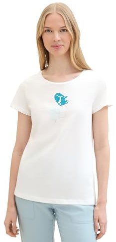 TOM TAILOR Damen Basic T-Shirt mit Blumen Print, Whisper White, L