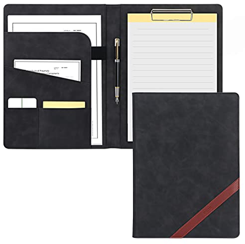 Faux Leather Conference Folder, Portfolio Folder - A4 Faux Leather Business Document Organizer with A4 Writing Pad, Document Bag, pencil clip,Business Card Holders for Business School (deep black)
