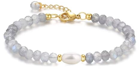 COAI Geschenkideen Damen Glücksarmband aus Facettiertem Labradorit und Süßwasserperle Strangarmband