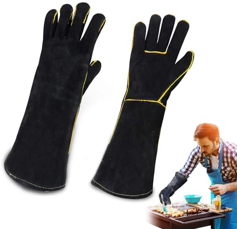Feuerhandschuhe für Holzbrenner, feuerfeste Grillhandschuhe aus Leder, hitzebeständige Handschuhe für Grill, Schweißen, Kamin, große Handschuhe für Ofen, Backen, Herd, Topflappen und Tierhandhabung