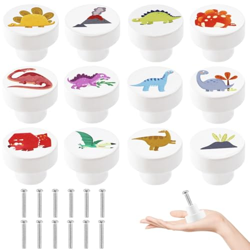 Drufoful 12 Pezzi Tiradores Infantiles, Pomos Infantiles Pomos y Tiradores Infantiles Redondos de 35 MM de Dinosaurio con Tornillos para Cajones, Armarios, Cómodas en la Habitación de los Niños