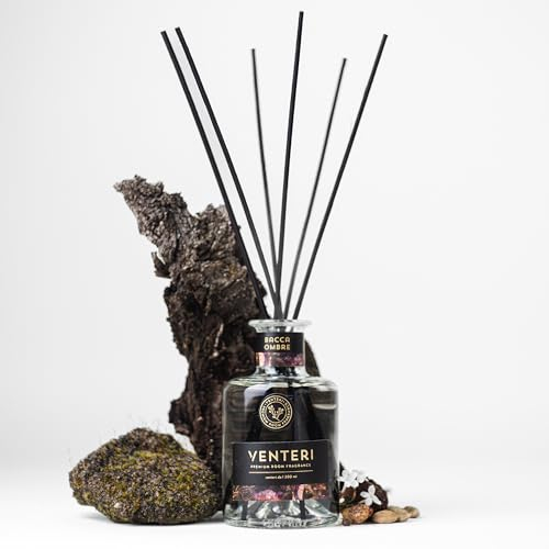 Venteri Raumduft Bacca Ombre 200ml Luxus Duft, Der Leder, Safran, Vanille, Sandelholz, Amber und Ylang Ylang Düfte Kombiniert, Raumduft Diffuser mit 8 Duftstäbchen für Raumduft und Bade Duft
