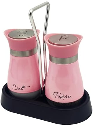 2 Stück Salz- und Pfefferstreuer Set mit Halter aus Glas und Edelstahl Salzstreuer Pfefferstreuer Gewürzstreuer Camping Zuckerstreuer Küchenzubehör (Rosa)
