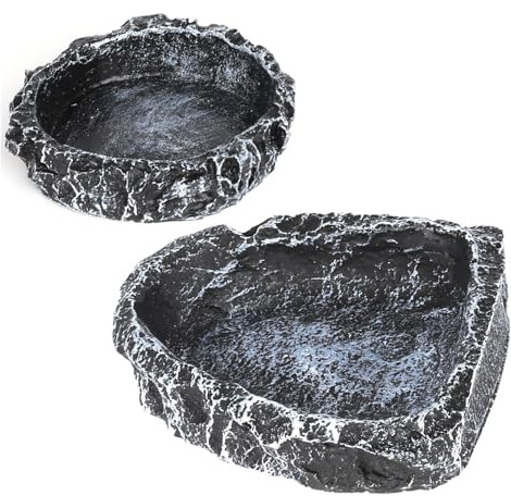 Reptile Water Dish Food Bowl for Bearded Dragon Tank Accessories, Reptile Rock Feeder for Tank 2 Pack Corner Resin Terrarium Bowl for Leopard Gecko Hermit Crab Tortoise Snake, Black