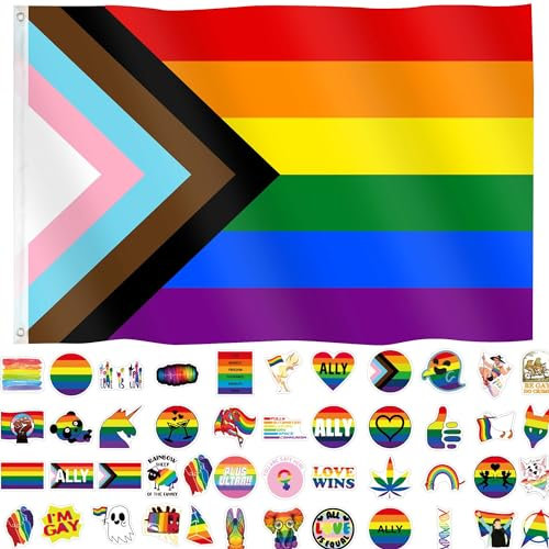 ETHOON Progress Pride Flagge 90 x 150 cm LGBTQ Pride Month Zubehör Gay LGBT Community Support Gay Pride Regenbogen Flagge Banner Dekorationen für Paraden Party mit 60 Stikern
