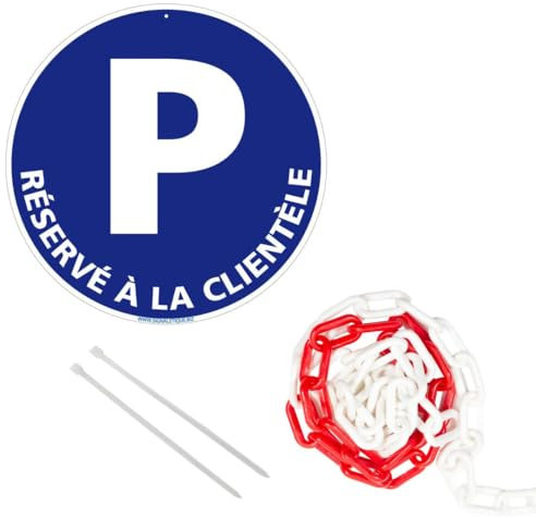 Signalétique.biz France - panneau rond en aluminium 300mm - Parking réservé à la clientèle, avec chaîne plastique rouge et blanche 5m + colliers de serrage.