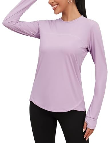 Gyabnw Long Sleeve Gym Tops UPF 50+ Women Running T-Shirt Quick Dry Casual Tee Shirt Workout T-Shirt with Thumbhole Purple