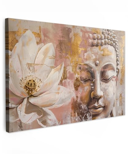 MuchoWow© Bild auf Leinwand Groß 120x80 cm XXL Schlafzimmer Bilder Badezimmer Wand Deko Wohnzimmer Modern Wanddeko Bilderwand Geschenk Buddha - Zen - Blume - Gold - Kunst