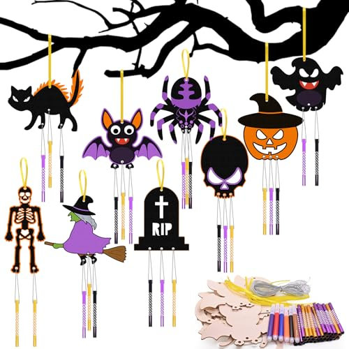 Mispudin 12 Stück Halloween Windspiel Bastelset, Halloween Basteln Holz, Deko Basteln inkl. Spinne, Geist, Skelett & Kürbis Bemalen, Bastelhandwerk zum Bemalen Geschenke, Gruselparty