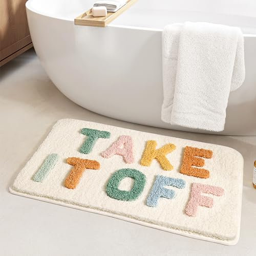 Bazasa Weiß lustiger Badezimmerteppich Take It Off niedlicher Badematte Maschinenwaschbar rutschfeste Badteppich Weiche Mikrofaser Wasserabsorbierend Badvorleger für Dusche Badewanne Toilette 50×80cm