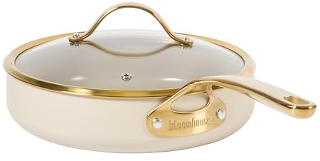 bloomhouse 10 Inch Heavy Duty Aluminum Premium PFA Free Ceramic Nonstick Saute/Deep Frying Pan Skillet with Lid - Almond Cream w/Gold Handle