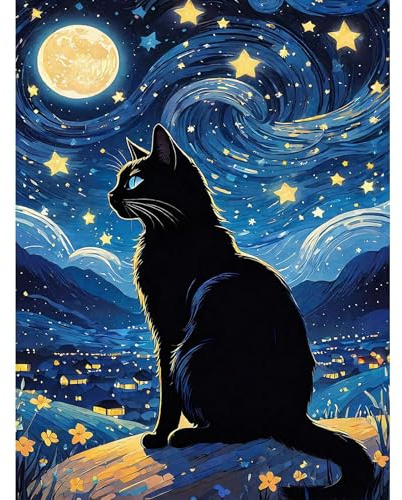 luckyarina Pintura por números para niños a partir de 5, 6, 7, 8, 9, 10 años, para niñas, gato negro, pintura por números para niños, juego de pintura al óleo pintada a mano para principiantes con