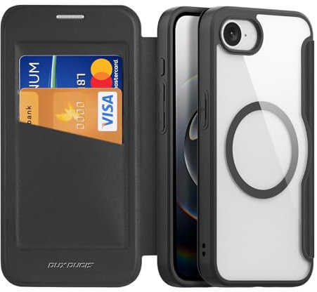 DUX DUCIS Magnetisch Hülle für iPhone 16e, [Kompatibel mit MagSafe] Premium Flip Leder Klar Stoßfest Schutzhülle Handyhülle mit RFID Blocker für Apple iPhone 16e 2025 Klapphülle (Schwarz)
