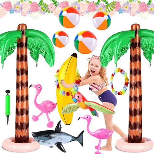 WDKXCN 14 PCS Inflatable Palm Tree Set, Inflatable Flamingo Parrot Dolphin Banana Beach Balls and Air Pump, Hawaiian Party Decoration Set, Large Pool Party Inflatables Decoration for Summer Beach