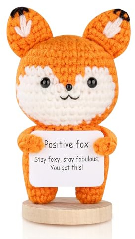 Divertente mini volpe all'uncinetto con carta positiva e base in legno, regalo di supporto emotivo fatto a mano, regalo positivo per donne, ragazze, adolescenti, amiche