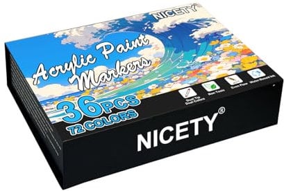 NICETY 72 Colours Acrylic Paint Pens - 36 Pcs Brush Tip Paint Markers for Rock Painting Stone Wood Glass Ceramic - Dual tip Dual Colours Water Based Acrylic Markers pens