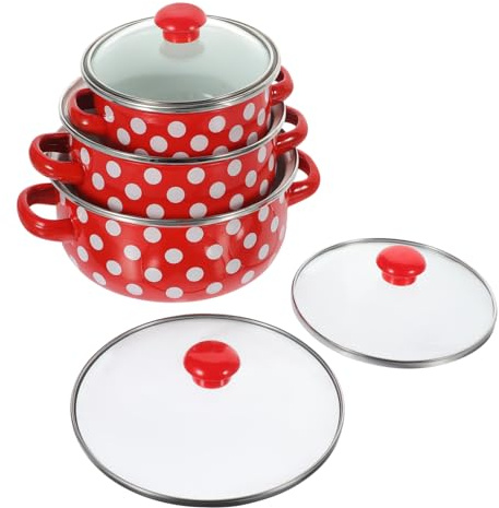 KOCKSHION Enamel Mini Soup Pot Set 3pcs Flat Bottom Small Cooking Pots, Red Base White Dots, Small Enamel Pans for Kitchen Cooking and Portable Use