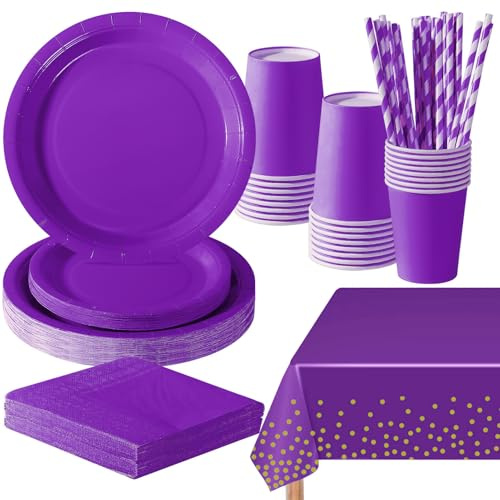 PYAILI Anniversaire Vaisselle de fete 121 Pièces Violet Foncé Party Assiettes en Papier Set Assiettes de Fête Papier Tasses Serviettesr, pour Barbecue les Fêtes les Pique-niques -24 Invités