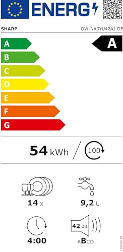 Sharp QW-NA3YU42AI-DE Geschirrspüler Unterbau 60 cm, 14 Maßgedecke, A, 42 dB, Turbo-Trocknung, QuickWash 14’, SteamWash, AutoDoor, EcoBox, Edelstahl