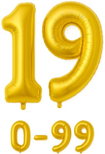 Luftballon 19 Gold | 80 cm Zahlenballon | Folienballon mit Luftröhrchen | Zahlenluftballon für Geburtstag, Jubiläum, Hochzeit, Party & Events | Helium oder Luft | Ballon Zahl | Geburtstagsdeko