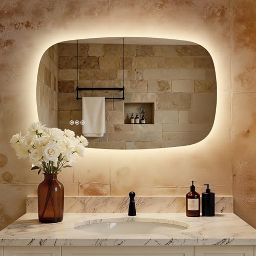 S'AFIELINA Miroir Lumineux Salle de Bain 50x80 cm LED Rétroéclairé | Sans Cadre avec Éclairage, Interrupteur Tactile, 3 Couleurs Réglables, Mémoire, IP44, Installation Horizontale ou Verticale