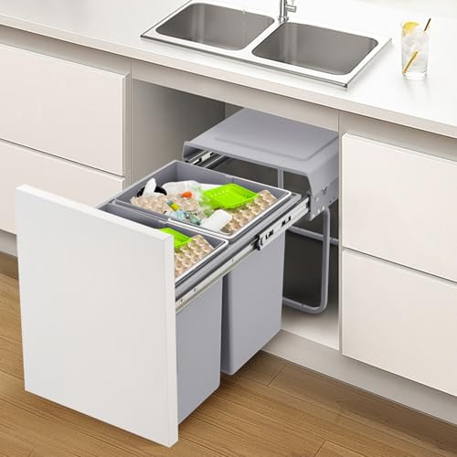GramStudio Under Cupboard Bin Indoor Recycling Bins 2 x 20 Litre Kitchen Waste Bin, Pull Out Bin With Odour Preventing Lid