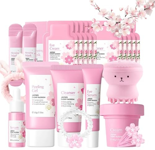 Sakura Skin Care Set Geschenke, 21pcs Korean Skincare Set mit Gesichtsmaske, Niacinamide Serum, Cleanser, Gesichtscreme, Augencreme, Peeling Gesicht & Gesichtswasser, Beauty Set für Muttertagsgeschenk