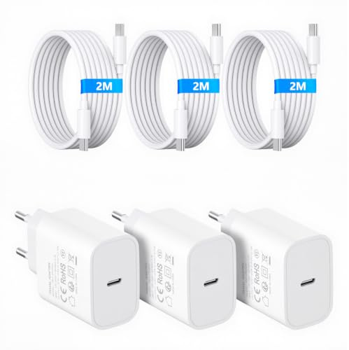 3 Pack USB C 25W Ladegerät Ladekabel, Schnellladegerät PD3.0 Stecker Typ C mit 3X Typ C Kabel 2M, Handy Netzteil Wand Ladegerät Kompatibel mit iPad/iPhone 17/16/15/Galaxy S25/S24/S23/Tablets/Handys