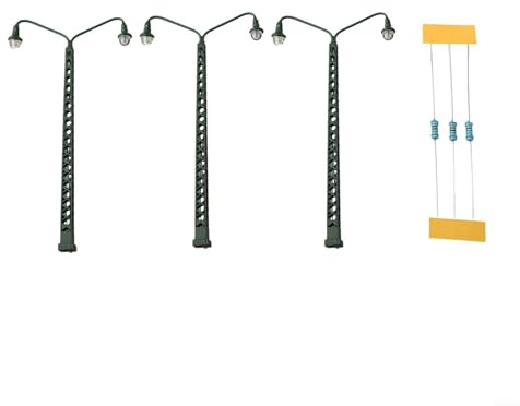 3-teiliges TT-Gauge Modelleisenbahn-LED-Gittermastleuchten-Set mit Metallkonstruktion und Serienwiderständen für 12–16 V Transformatoranschluss, für Zug-Layouts und architektonische Dioramen