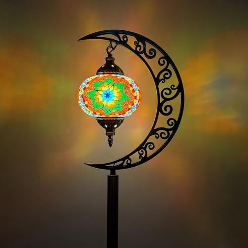 Fiunkes Türkische Mosaik-Stehlampe in Mondform, marokkanische Eck- und Nachttischlampe im Bohème-Stil, handgefertigte Vintage-Stehlampe aus Mosaikglas, bronzierte Oberfläche,Qing