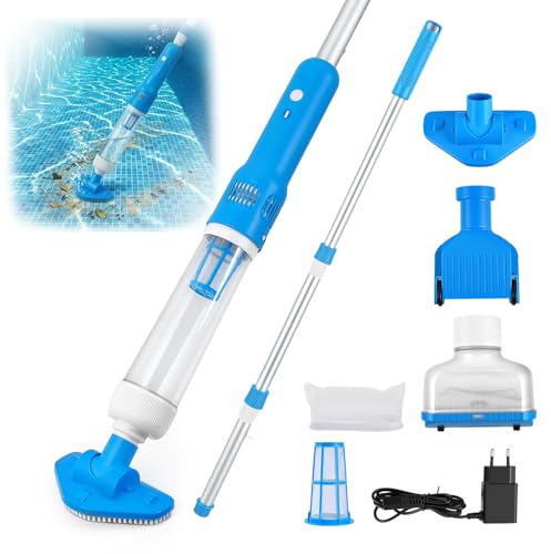 Aspirador de Piscina a Bateria, Limpiafondos para Piscina Recargable 3 en 1 con Poste Telescópico Ajustable (120cm-185cm), Tiempo de Funcionamiento 70 Minutos Aspiradora de Piso de Piscina