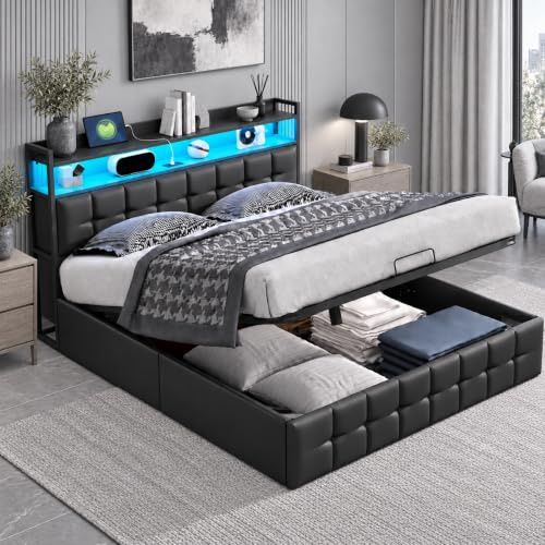 Zorvani Polsterbett 140x200cm mit Stauraum Kopfteil, Hydraulisches Bett mit Stauraum&Lattenrost, Doppelbett mit USB & Type-C Aufladen, LED Jugendbett, PU-Leder, Schwarz
