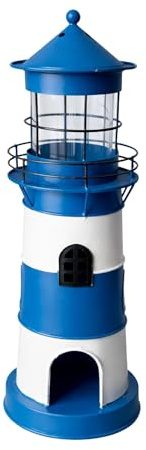 Windlicht Leuchtturm, Eisen – farbige Streifen – blau-weiß, 15 x 15 x 42 cm | lackierte maritime Laterne, Aussichtsturm – Kerzenhalter mit Glaszylinder – Wachturm, Leuchtfeuer, Signalmast – Seaside No.64
