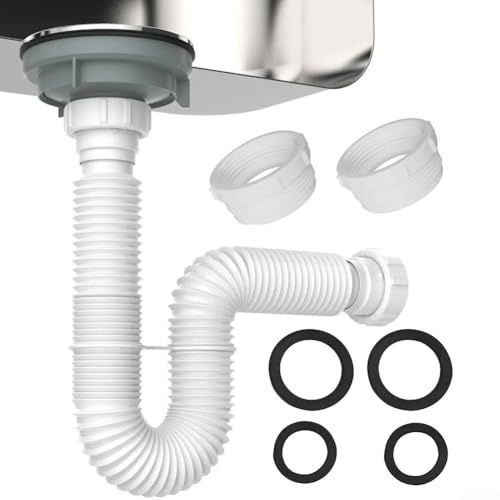 Flexible Sink Drain Pipe Kit 1-1/2 and 1-1/4 P-Trap with Adapter, Stretchable 20–80 cm Corrugated Hose, Leak-Proof Silicone Seals, Plastic for Kitchen Sink, Bathroom Vanity