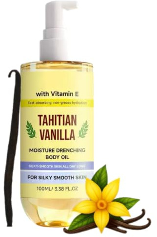 Vanilla Body Oil， Tahitian Vanilla Body Oil for Deep Hydration, Fast Absorbing Lightweight Moisturising Oil with Vitamin E, After Shower & Bedtime Skin Care， 100ml