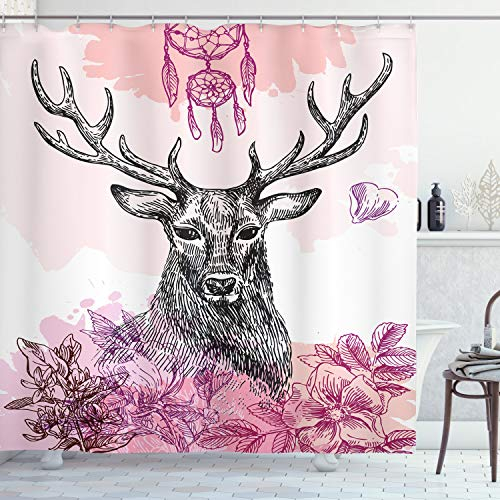 ABAKUHAUS Stammes Duschvorhang, Blumen-Blätter Hand gezeichnet, Stoffliches Gewebe Badezimmerdekorationsset mit Haken, 175 x 200 cm, Schwarz Rose