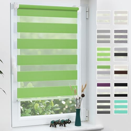 Grandekor Doppelrollo Klemmfix ohne Bohren Grün 65x120cm(Stoffbreite 61cm) Fenster Rollos für innen Klemmrollos Duo Rollos für Fenster ohne Bohren mit Bohren Privatschutz UV-Schutz Zebrarollo