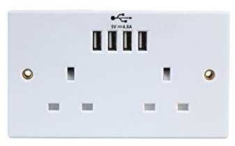Ex-Pro 13A Double 2 Gang Wall Faceplate Unswitched Socket with 4x USB Charger Ports Outlets 2.4A, White - 1 Pack