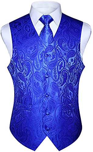 HISDERN Herren FLoral Hochzeit Weste Krawatte Einstecktuch Taschentuch Jacquard Weste Anzug Set