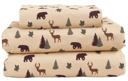 Beatrice Home Fashions Cozy Cabin 3-Piece Twin Microfiber Bedding Sheet Set with Deep Pockets Rustic Patchwork Plaid Deer, Brown Tan Green