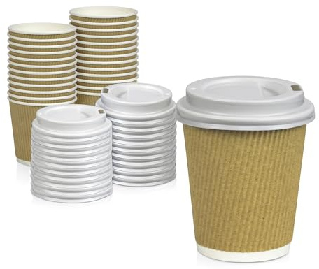 Fit Meal Prep [50 Pack] Disposable Hot Cups with Lids - 4 oz Brown Double Wall Insulated Ripple Sleeves Coffee Cups with White Dome Lid - Kraft Paper Cup for To Go Chocolate, Tea, and Cocoa Drinks