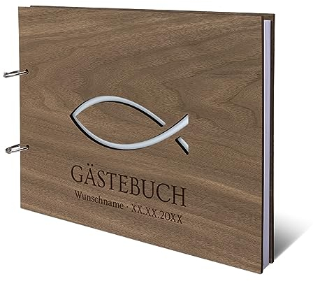 Konfirmation Kommunion Taufe Gästebuch Kondolenzbuch Okoume Holz Holzcover lasergeschnitten individuelle Gravur 72 Blatt | 144 Seiten DIN A4 quer 302x215mm - Jesus Fisch