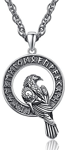 KINGWHYTE Wikinger Rabe Halskette 925 Sterling Silber Vegvisir Anhänger Krähe Odin Anhänger Talisman Rune Amulett Nordischer Wikingerschmuck mit Edelstahlkette 55cm(20+2inch)