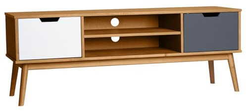 AltoBuy MARAS - Meuble TV 2 Portes Bois Massif, Blanc et Gris