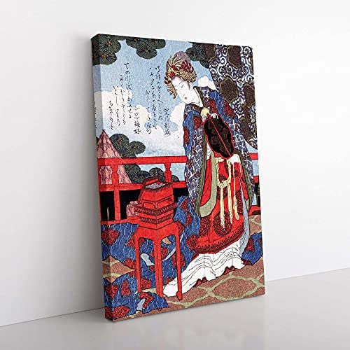 Big Box Art Lady with Fan by Yashima Gakutei Painting Canvas Wall Art Print Ready to Hang Picture, 76 x 50 cm (30 x 20 Inch), Grey, Purple, Brown, Purple, Red