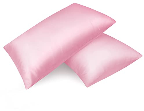 Fittia 2er-Set Satin Kissenbezug Premium Kopfkissenbezug Kissenhülle Haar- und Hautpflege Seidig mit Reißverschluss, Rosa, 40x80cm